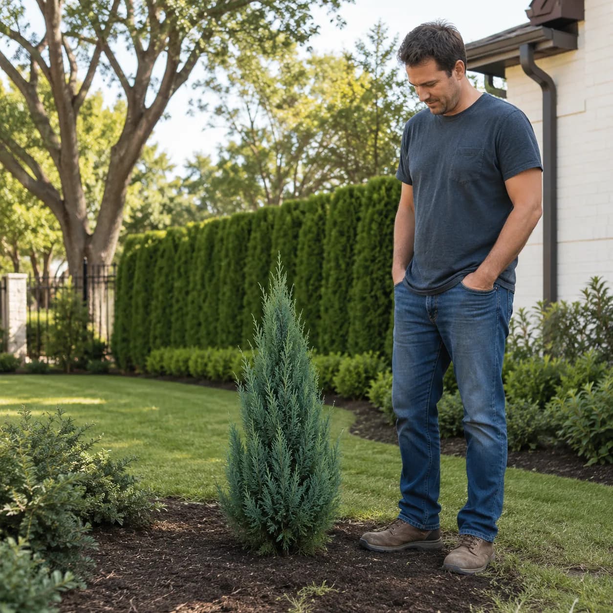 Blue Point Juniper privacy hedge line — hedge screen planning example