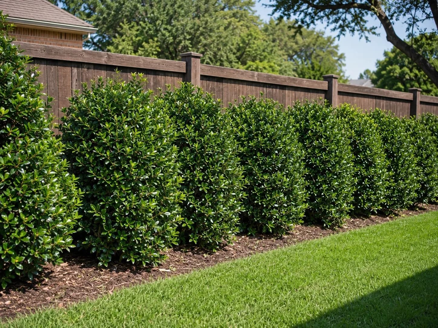 Dwarf Burford Holly privacy hedge line — hedge screen planning example