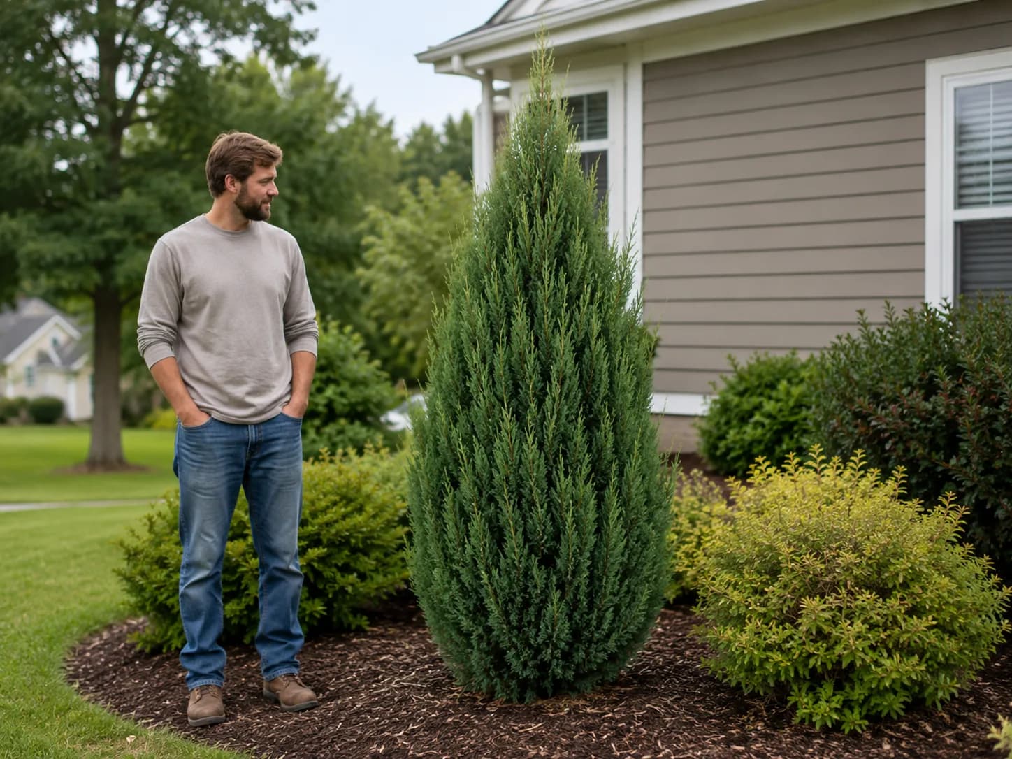 Spartan Juniper at fast-start scale beside a person for scale โ approximate 15-gallon size class